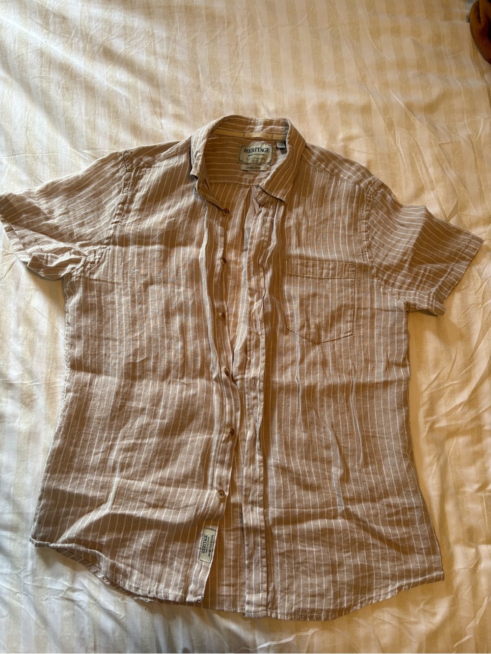 Heritage Beige Striped Short Sleeve Button-Down Shirt